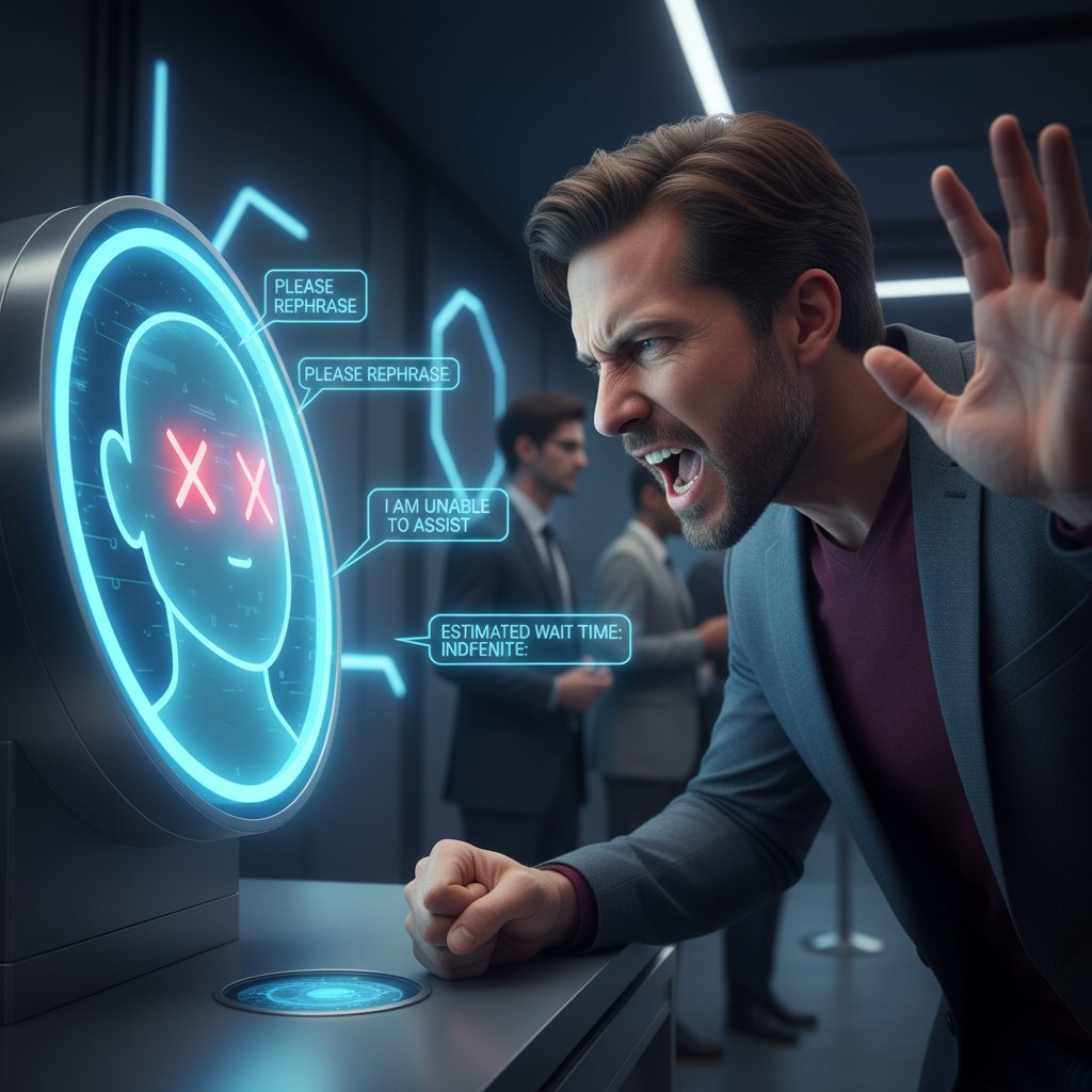 Zniecierpliwiony klient rozmawiający z botem na ekranie komputera