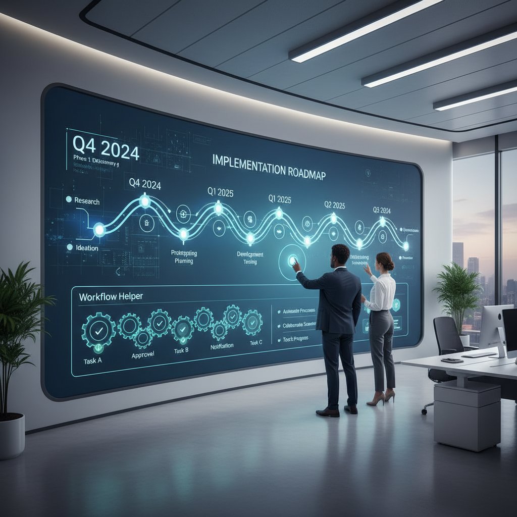Workflow helper implementation roadmap: diagram-style photo with sticky notes and digital screens showing rollout phases