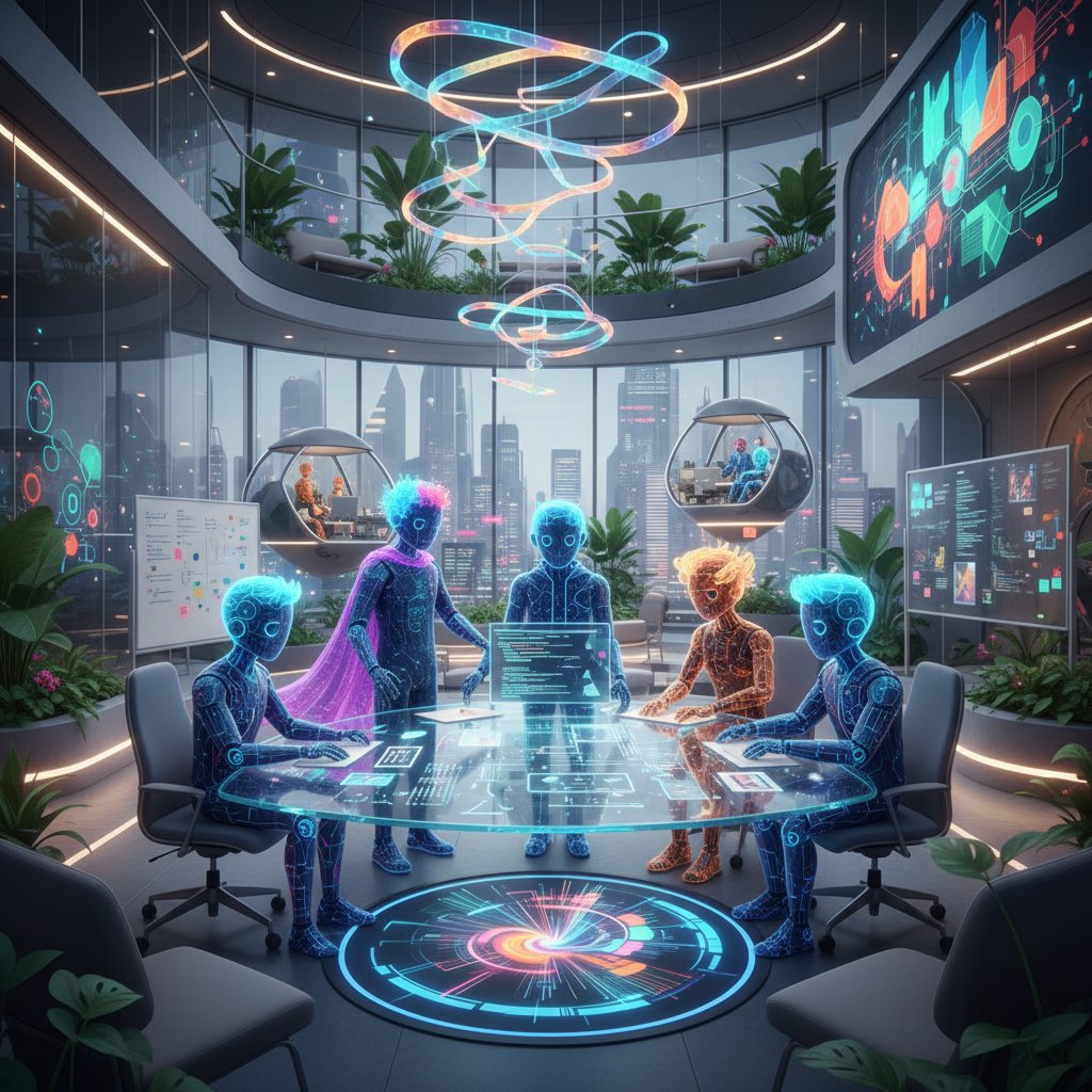 Zespół wdrożeniowy pracujący nad implementacją avatara AI, nowoczesne biuro, kreatywna atmosfera