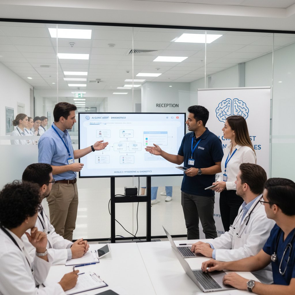 Zespół wdrażający system AI w klinice, analiza danych i szkolenie personelu