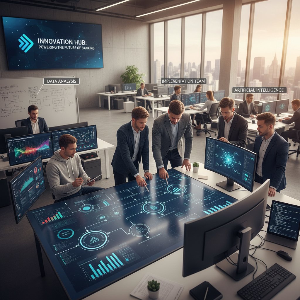 Zespół wdrożeniowy analizujący dane na tablicy i komputerach – ilustruje proces wdrażania AI w banku