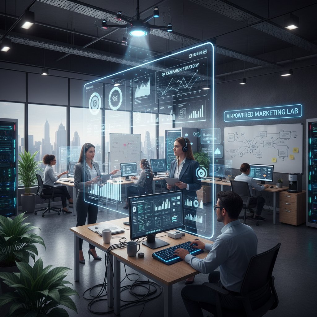 Marketer wdrażający AI w firmie, współpraca zespołu przy komputerze, wyraźne emocje i skupienie