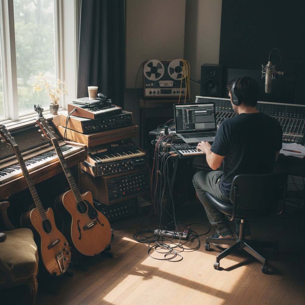 Najważniejsze momenty rewolucji produkcji muzycznej online — domowe studio, laptop, stare instrumenty