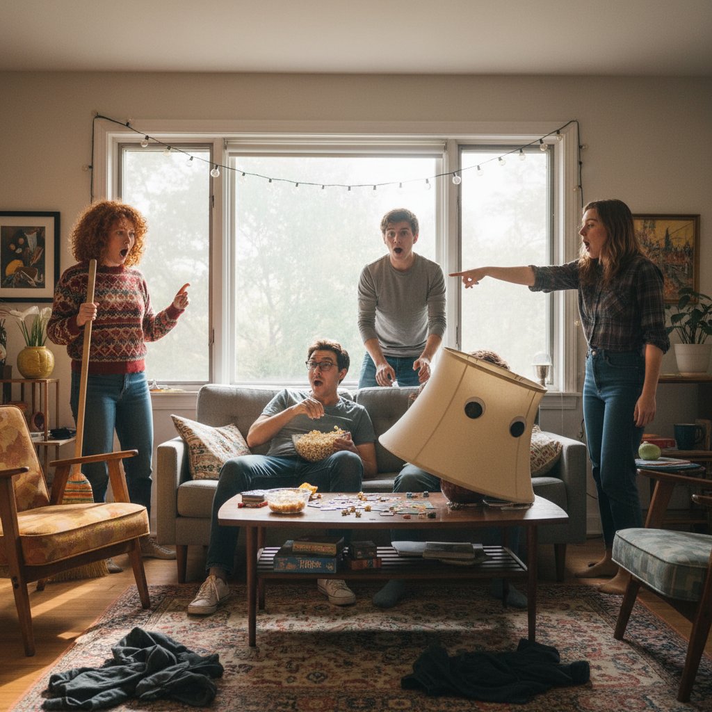 Improwizowana gra w salonie z zaskoczonymi i rozbawionymi uczestnikami, alternatywa dla powtarzalnych gier, młodzi dorośli