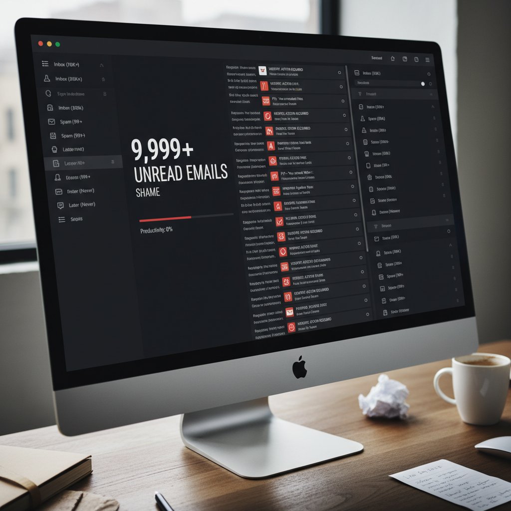 Skrzynka odbiorcza z tysiącami nieprzeczytanych wiadomości, polski interfejs, poczucie wstydu