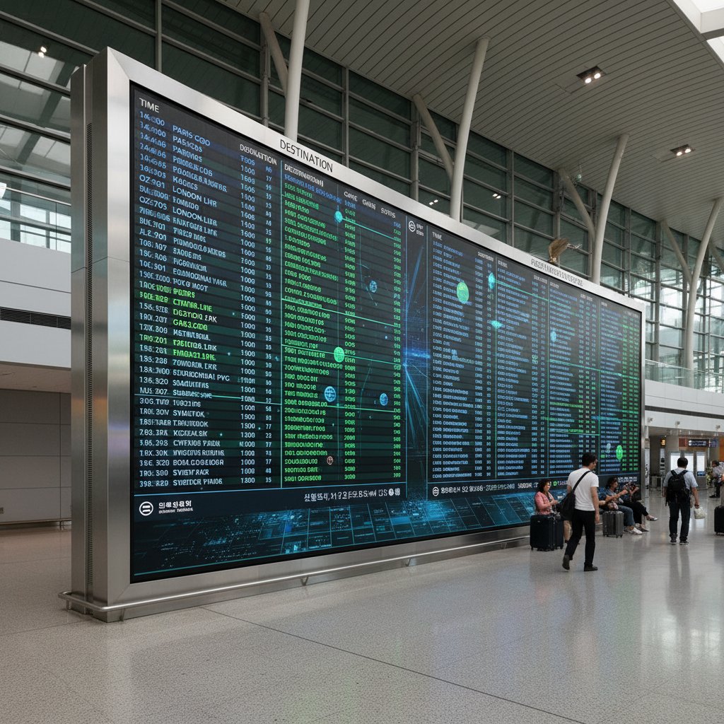 Departure board at Incheon showing international destinations and modern digital interfaces