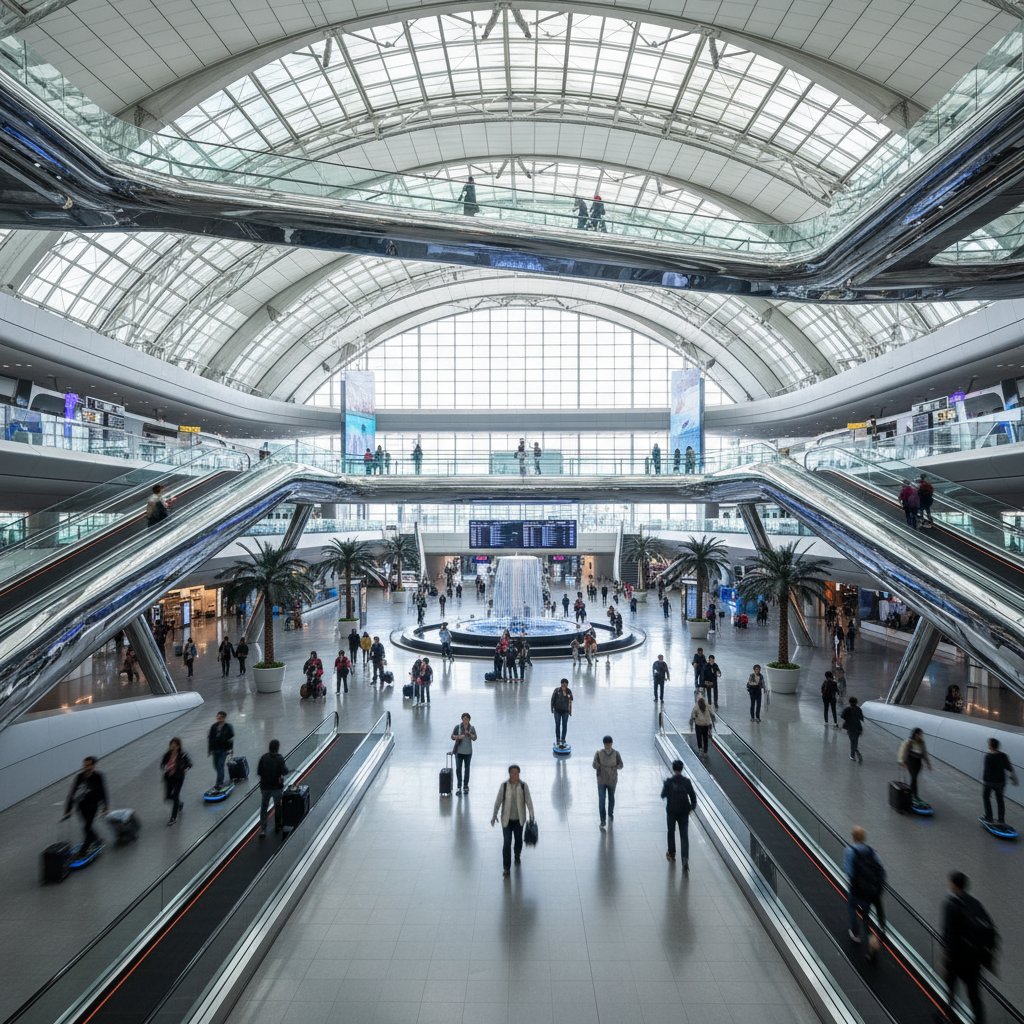 Incheon Airport futuristic terminal interior, travelers in motion, illustrating mega-hub status for flights to Seoul