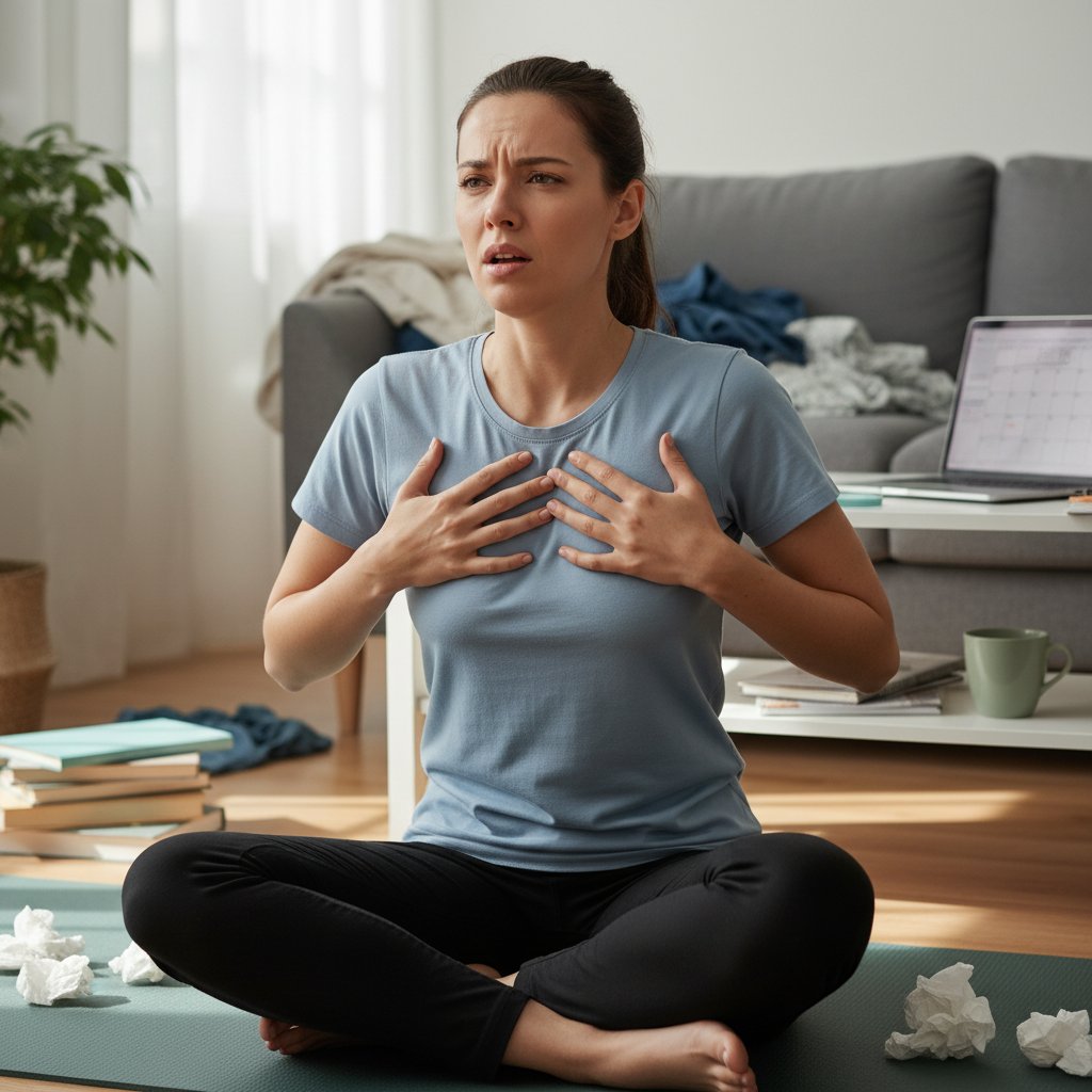 Osoba wykonująca nieprawidłowe ćwiczenie oddechowe w domu – błąd techniczny, stres