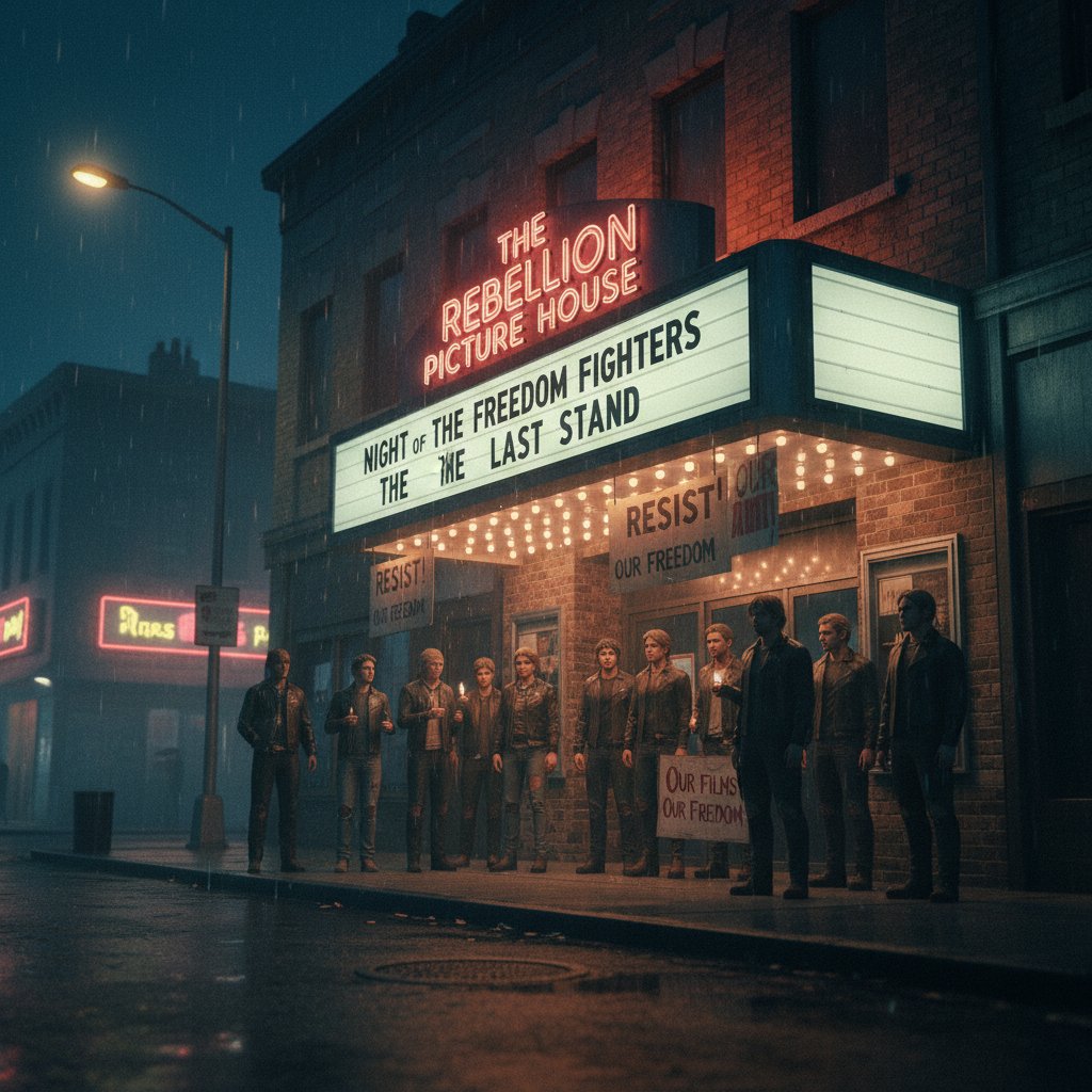 A gritty photo of an independent cinema marquee at night, symbolizing cult resistance movies