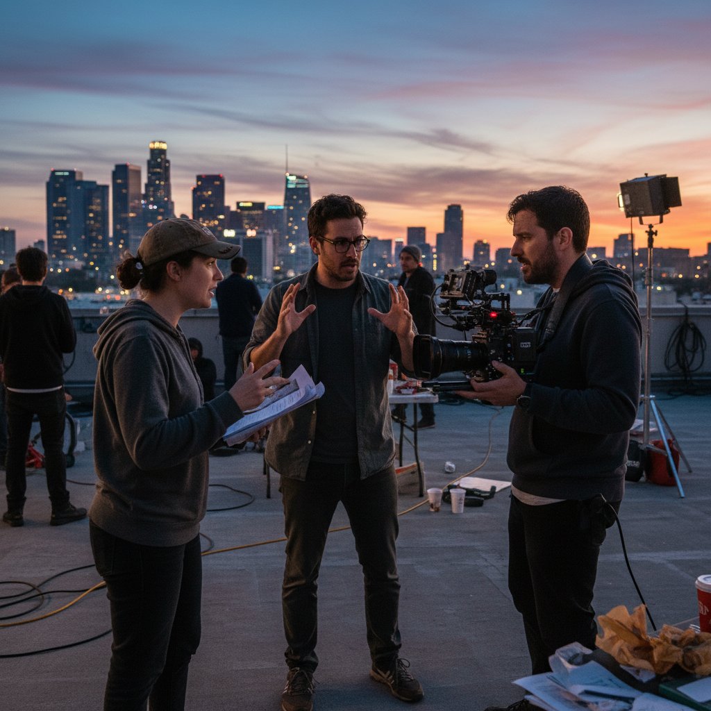 Independent film team huddled around camera, communicating intensely, indie entertainment success