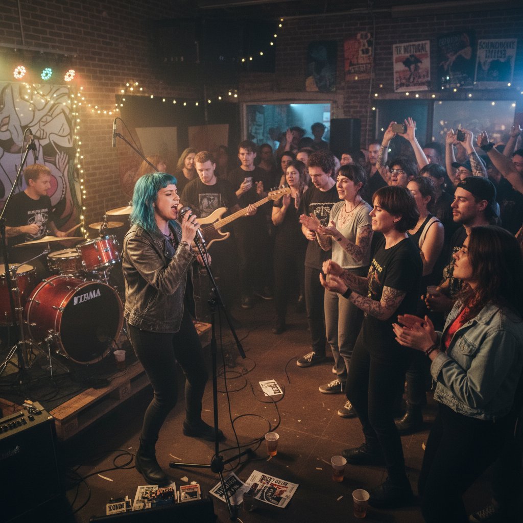 Mała niezależna scena koncertowa z publicznością, alternatywne wydarzenie kulturalne, słowa kluczowe: niszowa scena, koncert, lokalnie