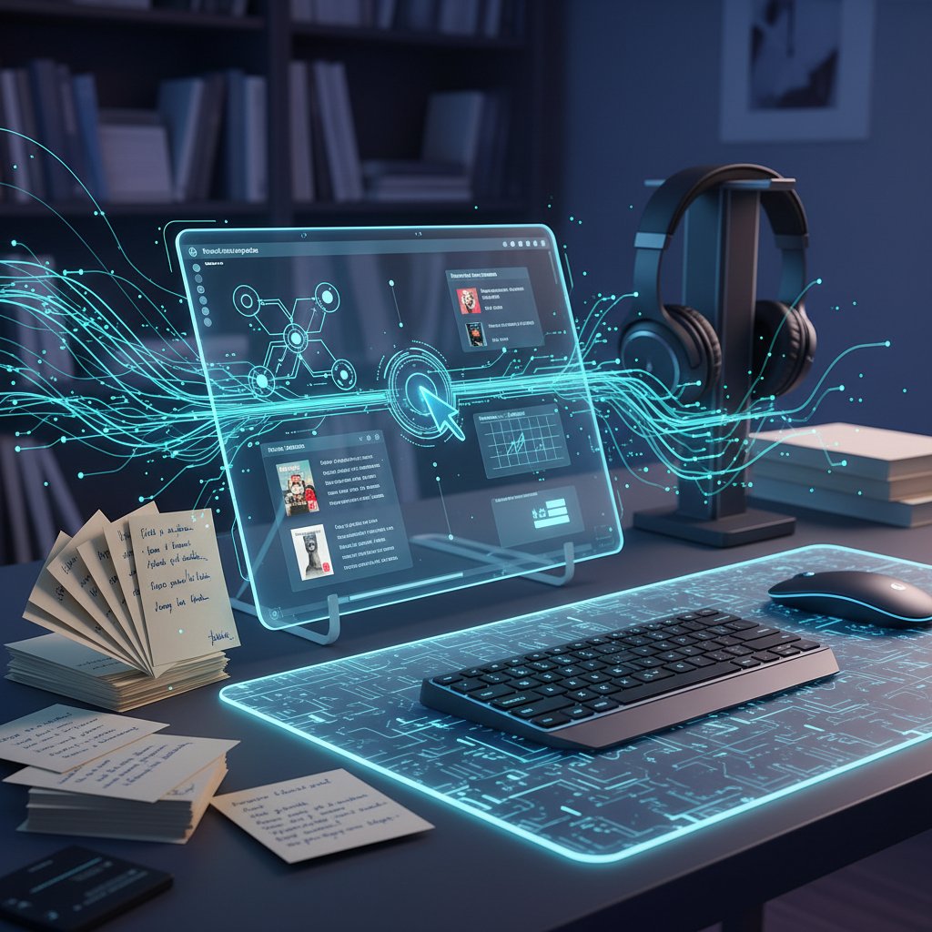 Visual metaphor for evolution of academic note-taking: index cards morphing into digital data streams, academic productivity tools