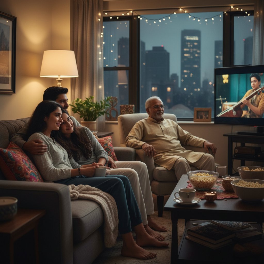 Indian family watching a film in New York apartment, cozy, emotional, 16:9