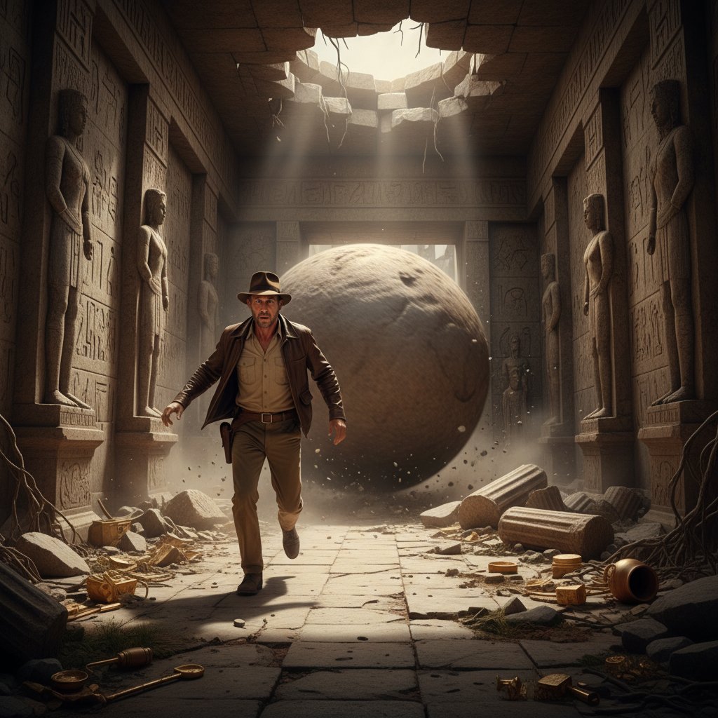 Stylized recreation of the boulder chase scene. Adventurer running from giant rolling boulder in ancient temple, indiana jones movies