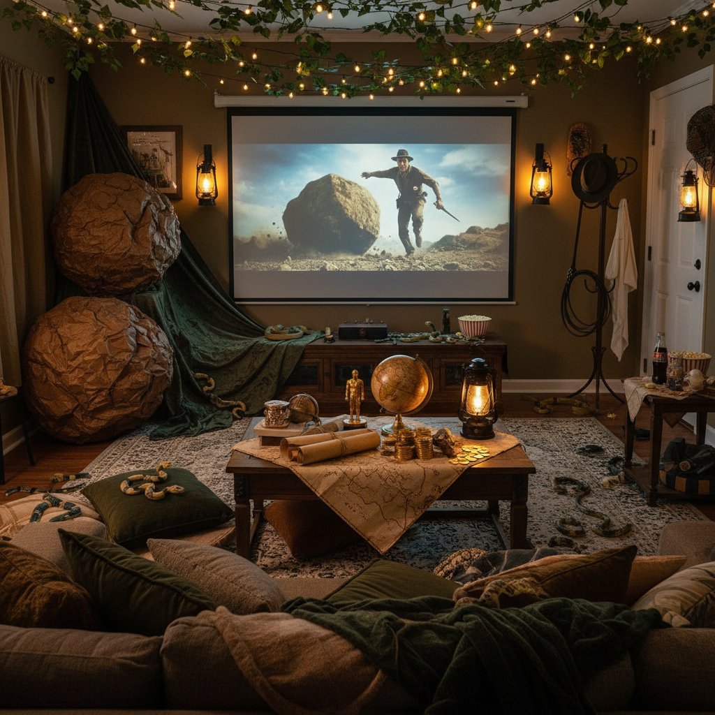 Vibrant scene of friends gathered for an Indiana Jones marathon. Group watching adventure movies with themed decorations, indiana jones movies