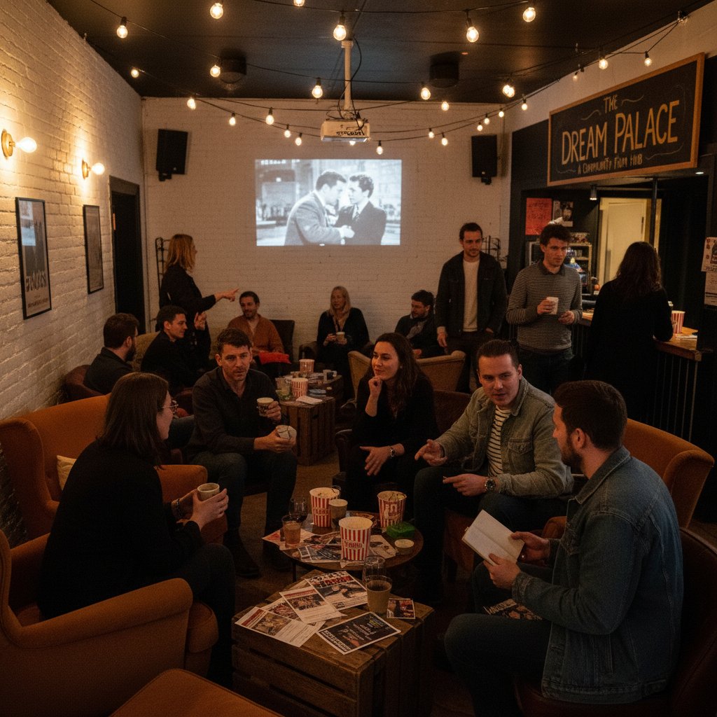 An indie cinema with a group discussing films in warm lighting, evoking a sense of community and discovery