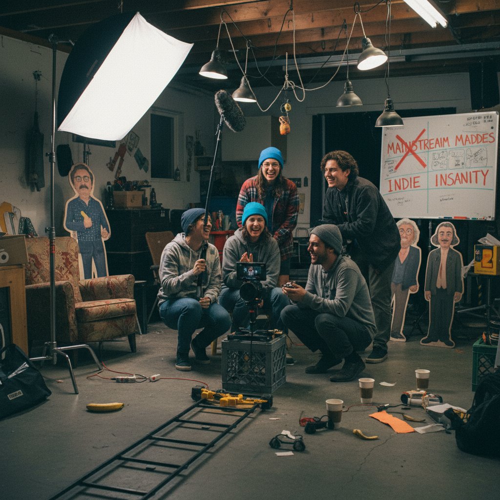 Indie filmmakers shooting a comedy scene on a small set, symbolizing innovation and disruption in comedy cinema