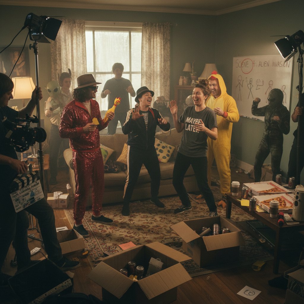Candid behind-the-scenes photo on an indie comedy set, capturing authentic filmmaking moments