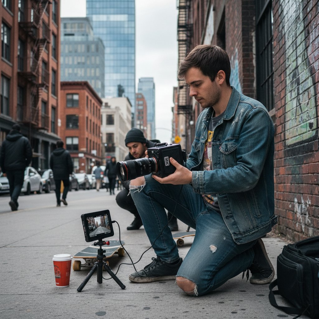 Indie director with compact 4K camera, urban outdoor shoot
