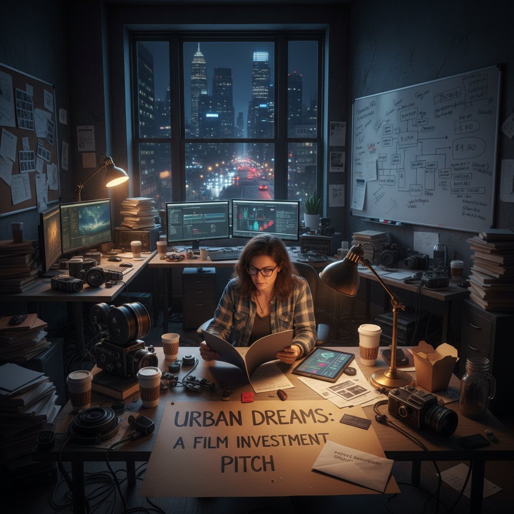 Indie movie director reviews scripts at night in a cluttered urban office, representing indie film investment struggles