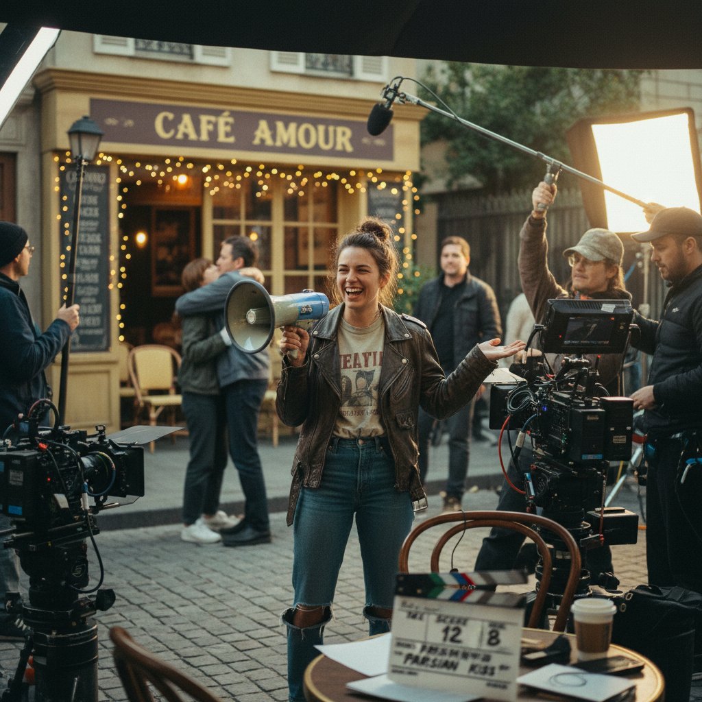 Indie film set, director guiding actors in improvisational comedy scene