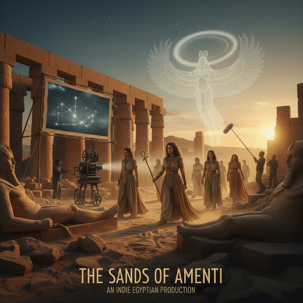 A scene from an indie Egyptian film, with actors performing against a backdrop of real temple ruins