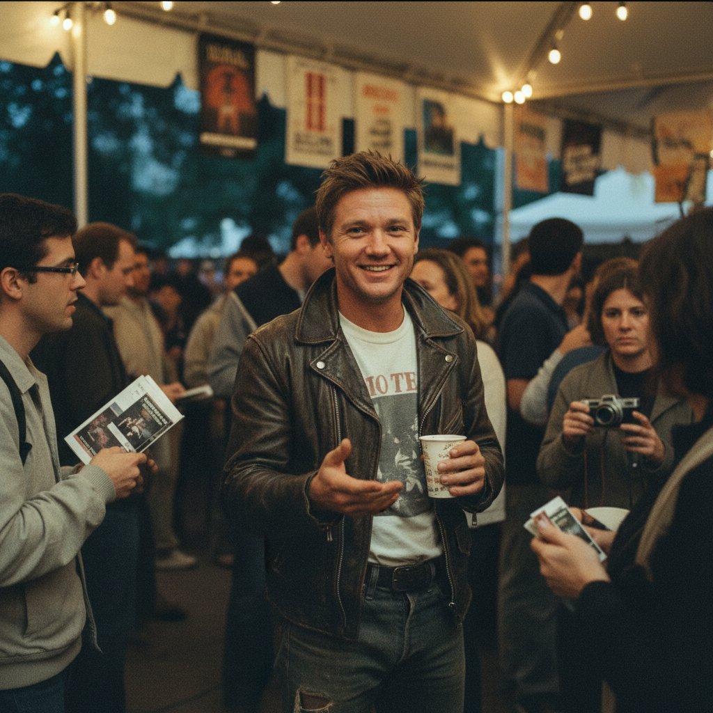 Indie-era Jeremy Renner at a film festival, candid, grainy, 16:9