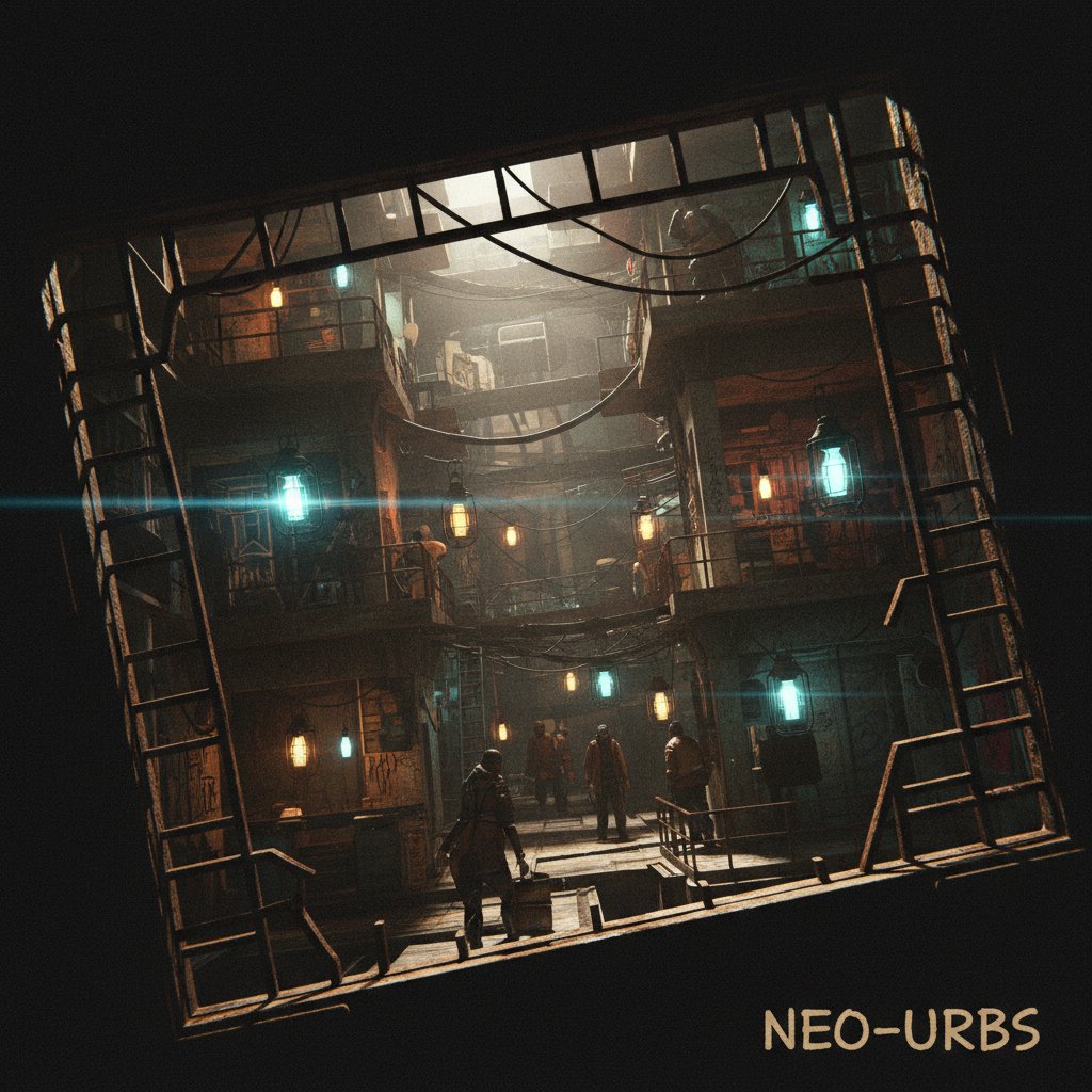 Indie film set depicting an abstract underground city with gritty, high-contrast photo and unconventional framing