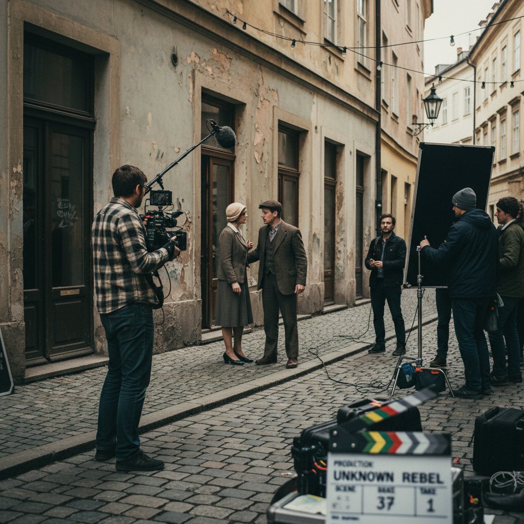 Indie film aesthetic photo of a small, passionate crew filming a biopic scene in a raw, authentic location