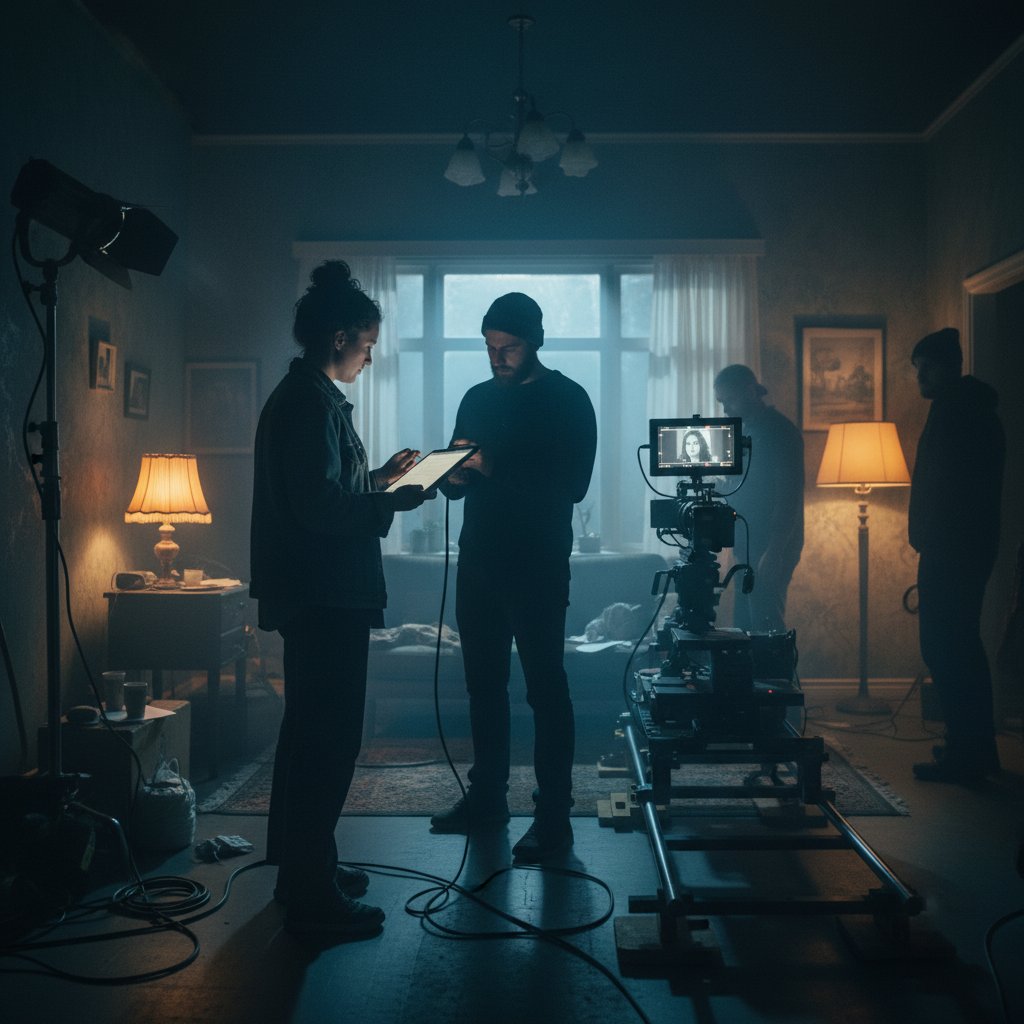 Indie film director working in low-lit studio, symbolizing the next generation of Joker-inspired cinema