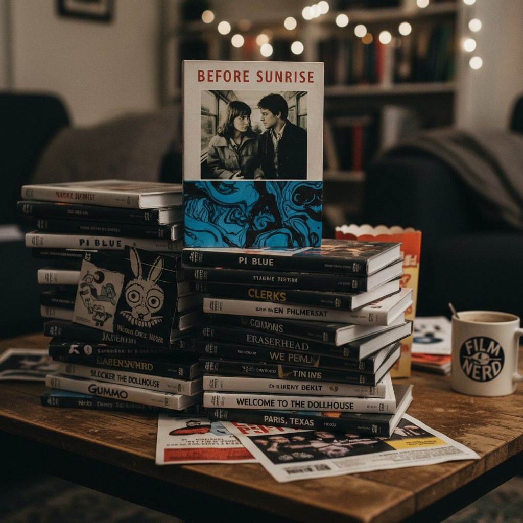 Indie film DVD cover stands out among generic DVDs in a stack, symbolizing unique rainy day movie selection