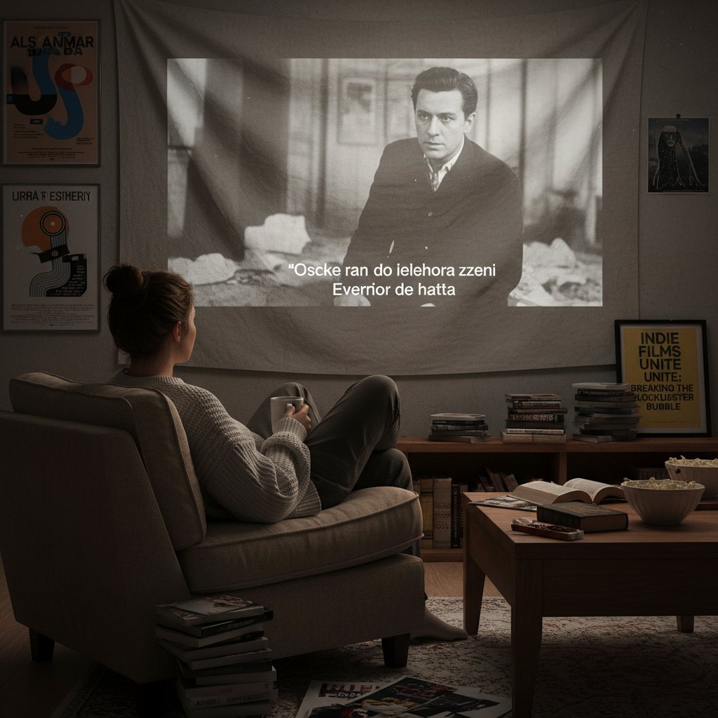 Young person exploring a shelf of indie DVDs and foreign film posters, breaking out of the Hollywood blockbuster cycle and discovering new cinematic territory