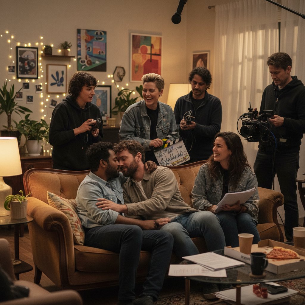 Intimate photo of a small film set with a diverse international cast in rehearsal, gay indie movie atmosphere