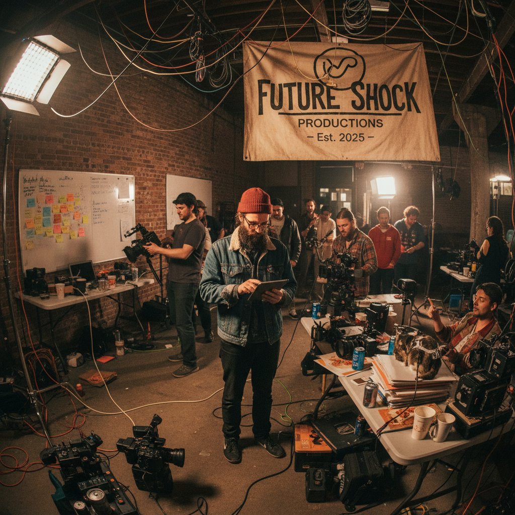 Indie filmmaker working on set, surrounded by eclectic crew and DIY equipment. Indie movies, creative chaos, film set, 2025 filmmaker.