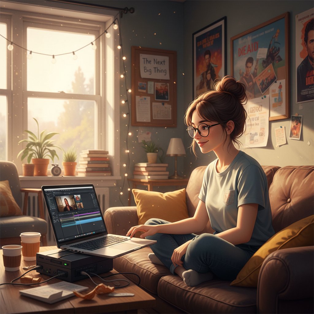 Indie filmmaker editing on a laptop in a cramped apartment, hopeful mood