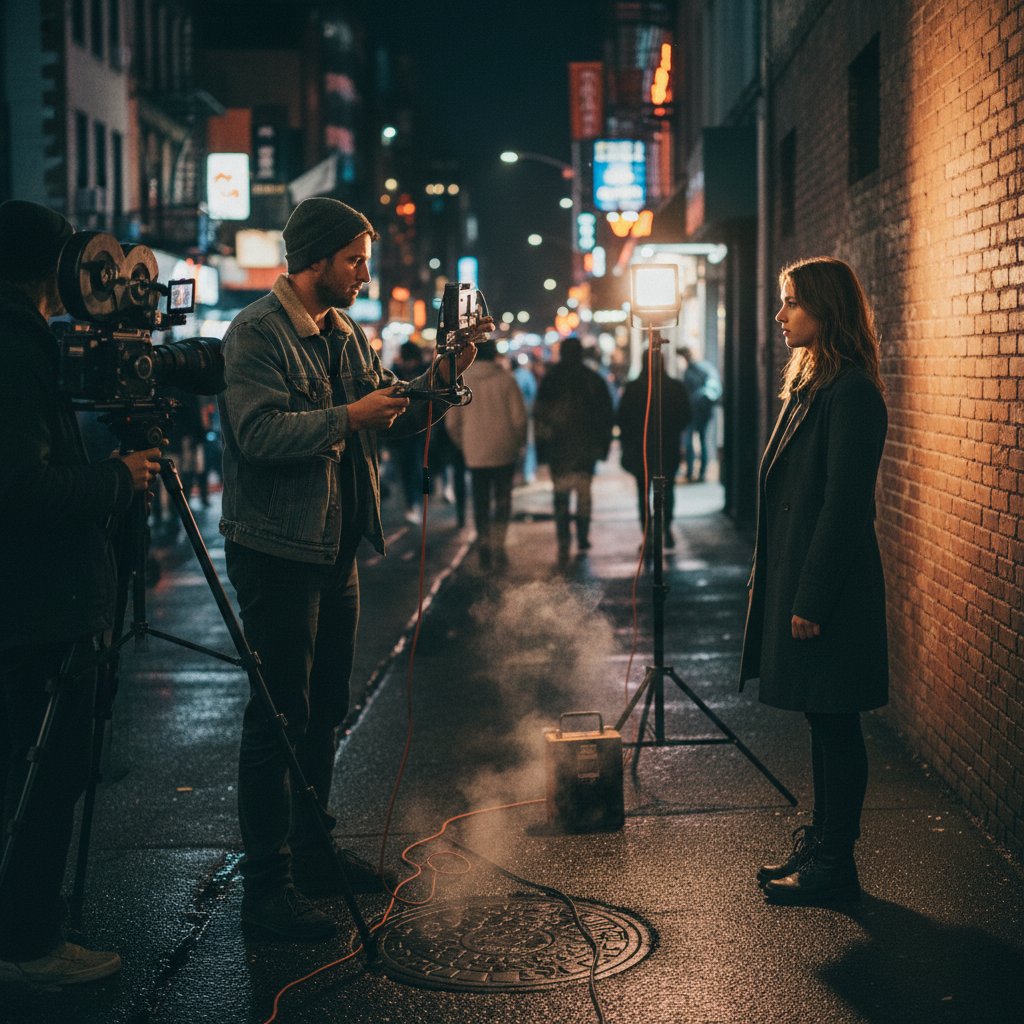 Indie filmmaker using portable LED lights and a smartphone mic for street filming at night
