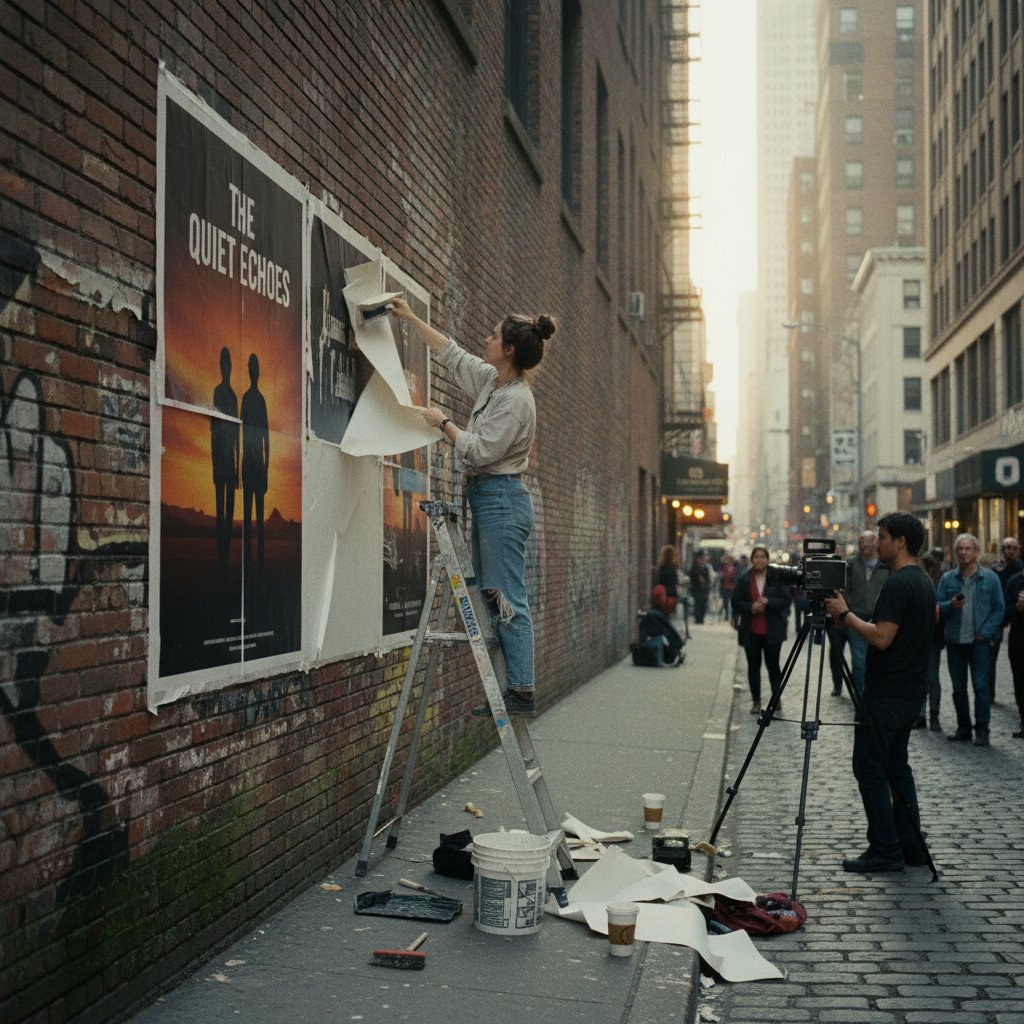 Indie filmmaker wheat-pasting posters next to major movie billboard for advertising movies