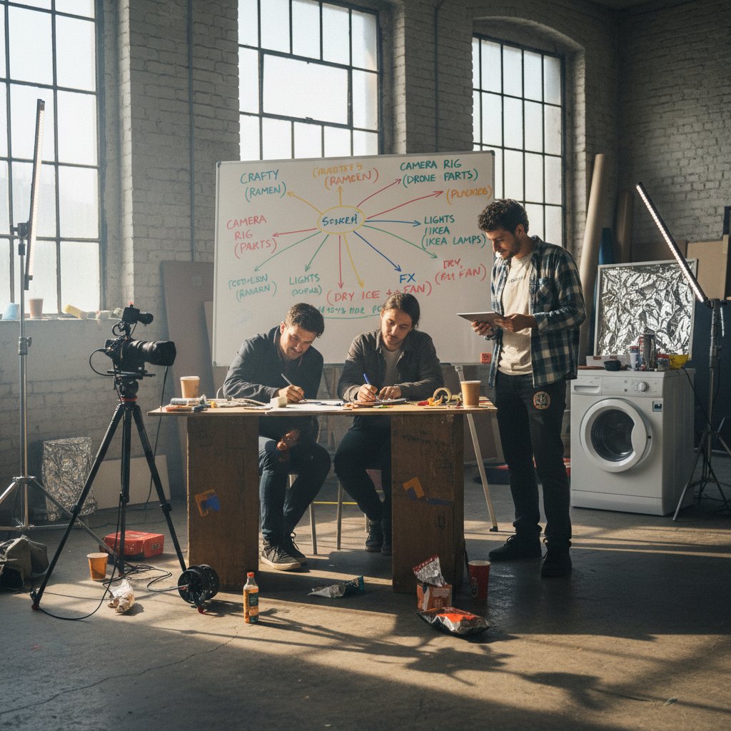 Photo of indie filmmakers budgeting on set, DIY equipment, creative solutions