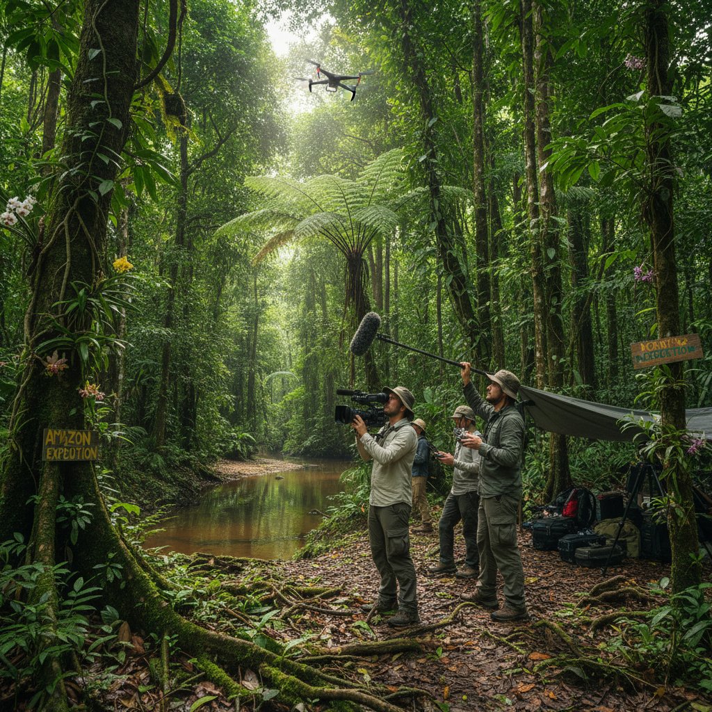 Indie filmmakers shooting on location in the Amazon, lush environment, documentary style