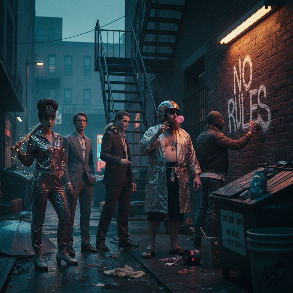 Indie gangster movie still, unconventional urban setting, offbeat characters, atmospheric lighting