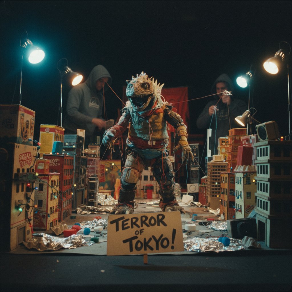 Ultra-low budget monster movie set with homemade props and passionate filmmakers at work