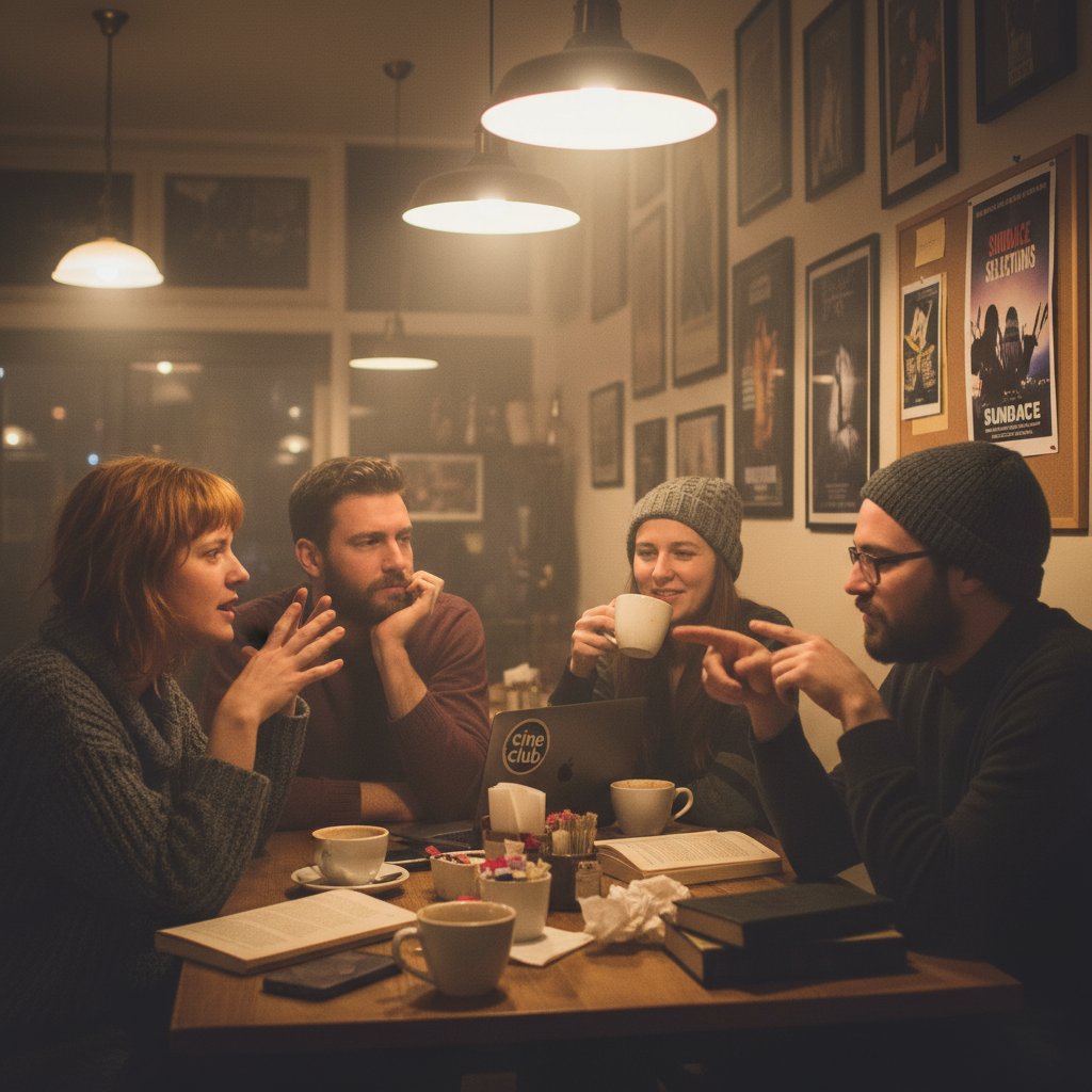 Indie movie fans in a lively debate at a cozy café, warm lighting, energetic, candid