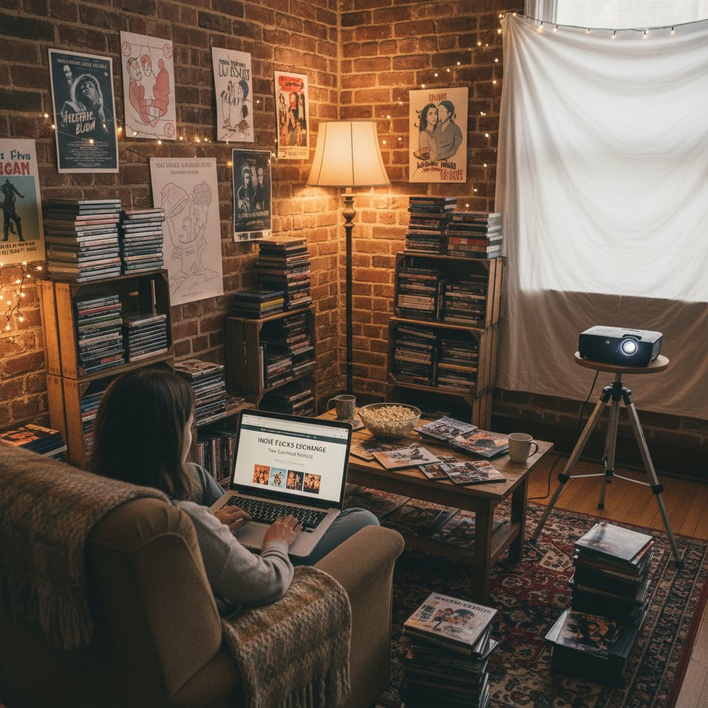 Film enthusiast holding indie movie DVDs and laptop—rent movies beyond mainstream platforms
