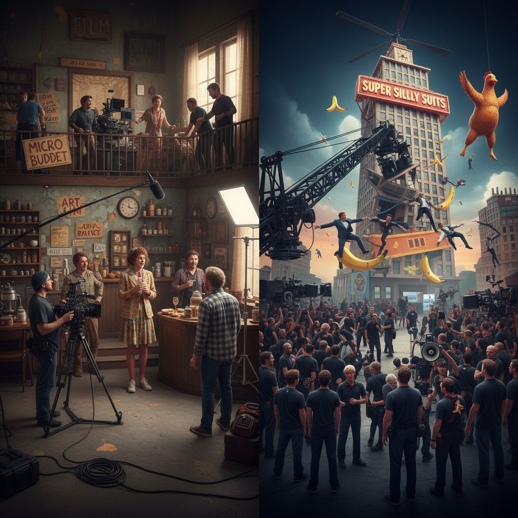 Still from a quirky indie film next to a Hollywood comedy set