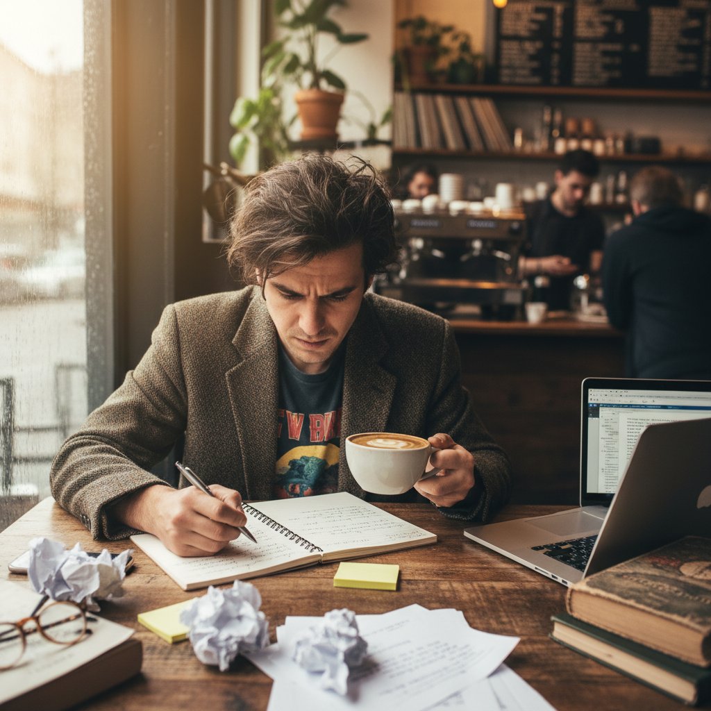 Indie screenwriter drafting ideas on a napkin in a bustling café. Indie movies writer, scriptwriting, coffee shop, brainstorming.