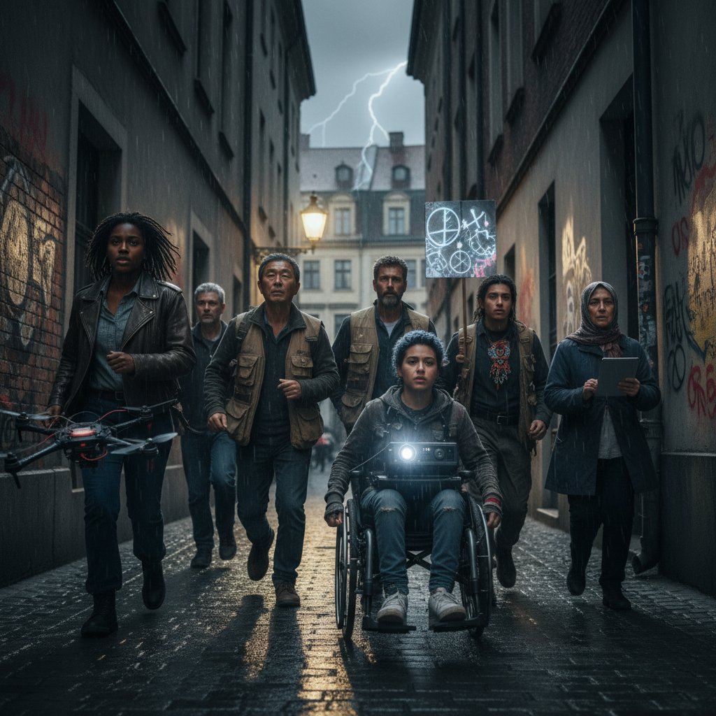 Indie revolution movie with diverse cast, actors in street protest scene with handheld camera