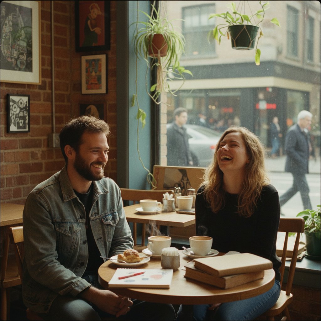 Indie rom com couple sharing a candid laugh over coffee