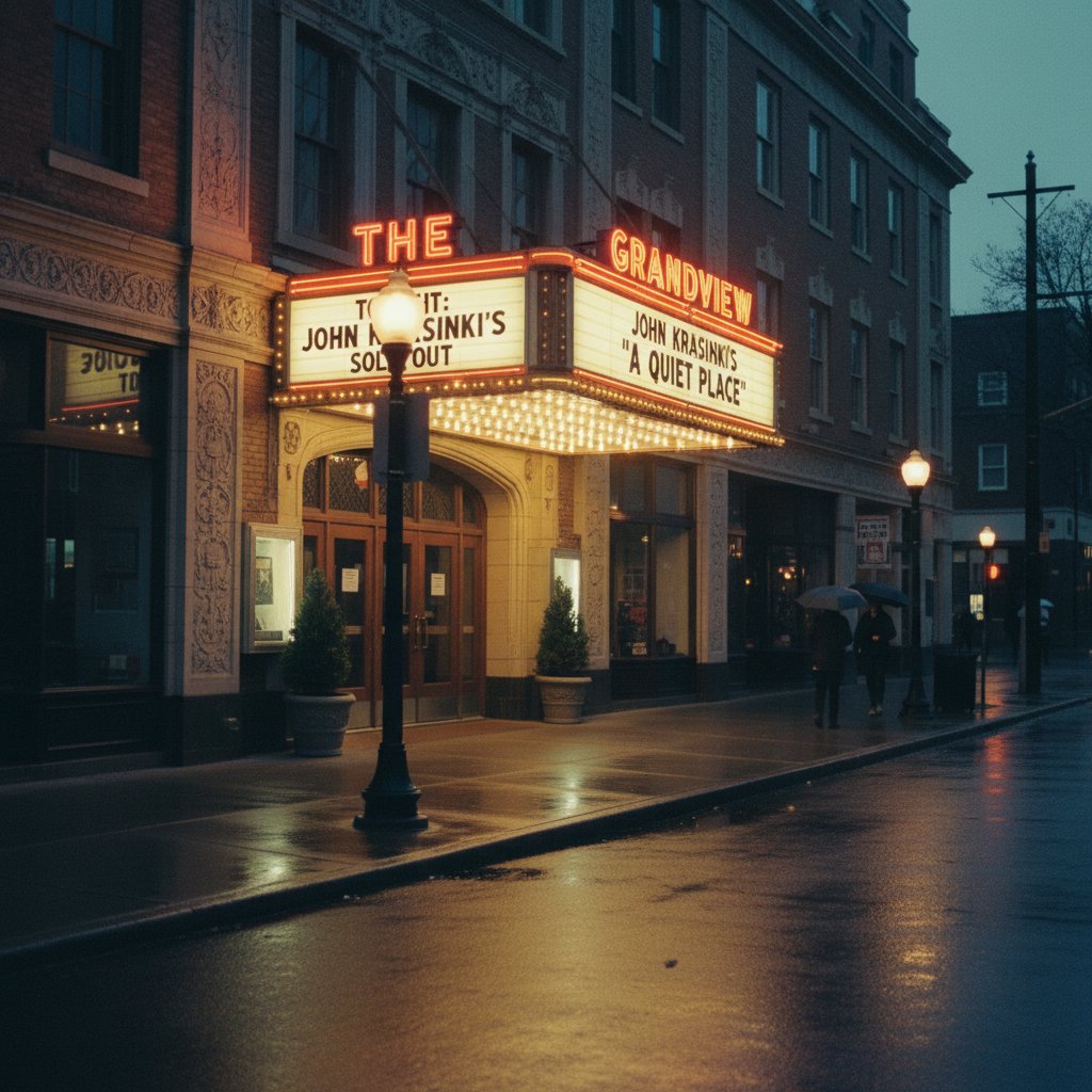 Moody photo of dim-lit indie theater marquee with john krasinski movie titles for underrated films section