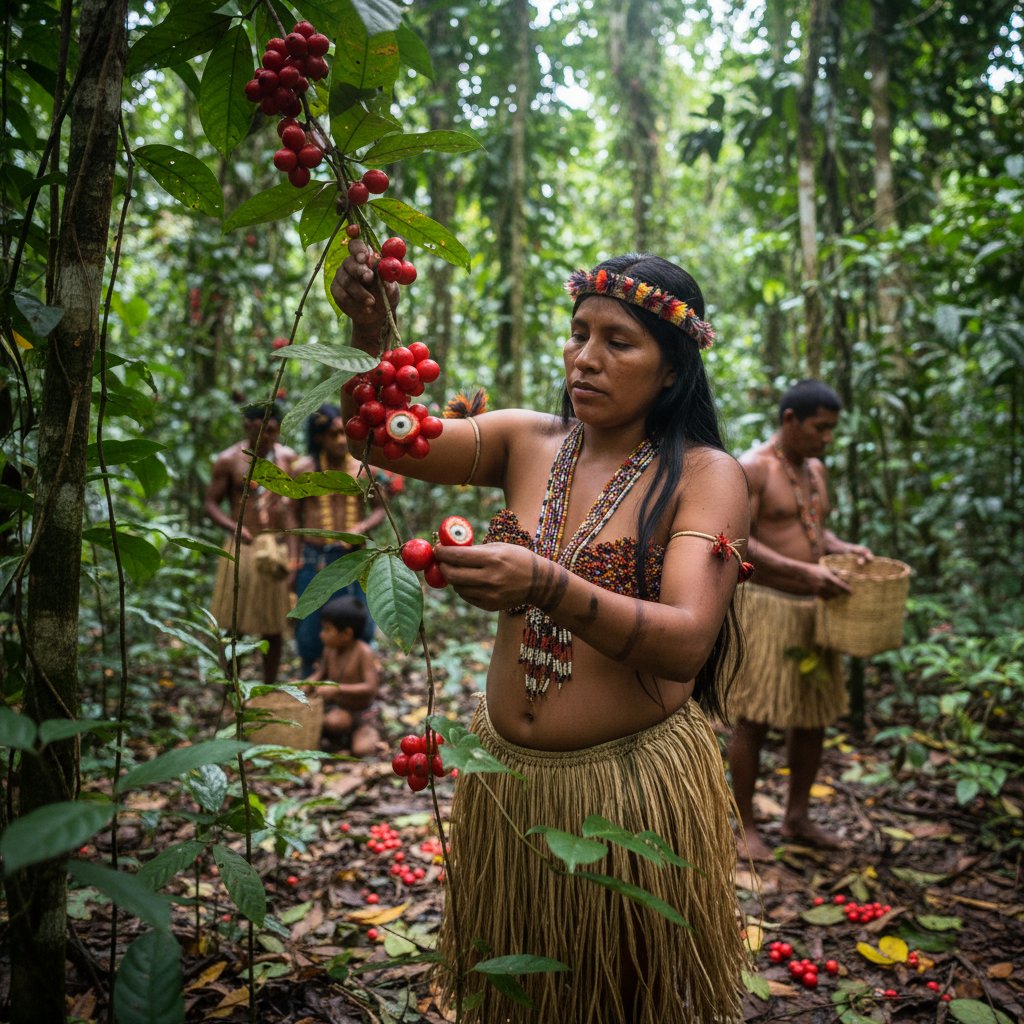 Tradycyjne zbieranie guarany przez ludność Amazonii