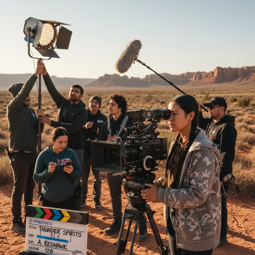 Indigenous director with camera, crew and actors on set, modern native american movies production